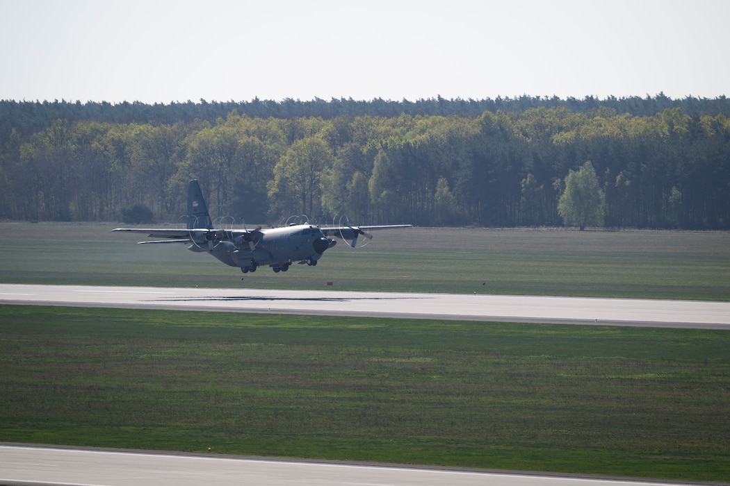 A C-130H Hercules aircraft assigned to the 139th Airlift Wing, takes off during Rodeo Day in support of Hussar Saber 26-1.