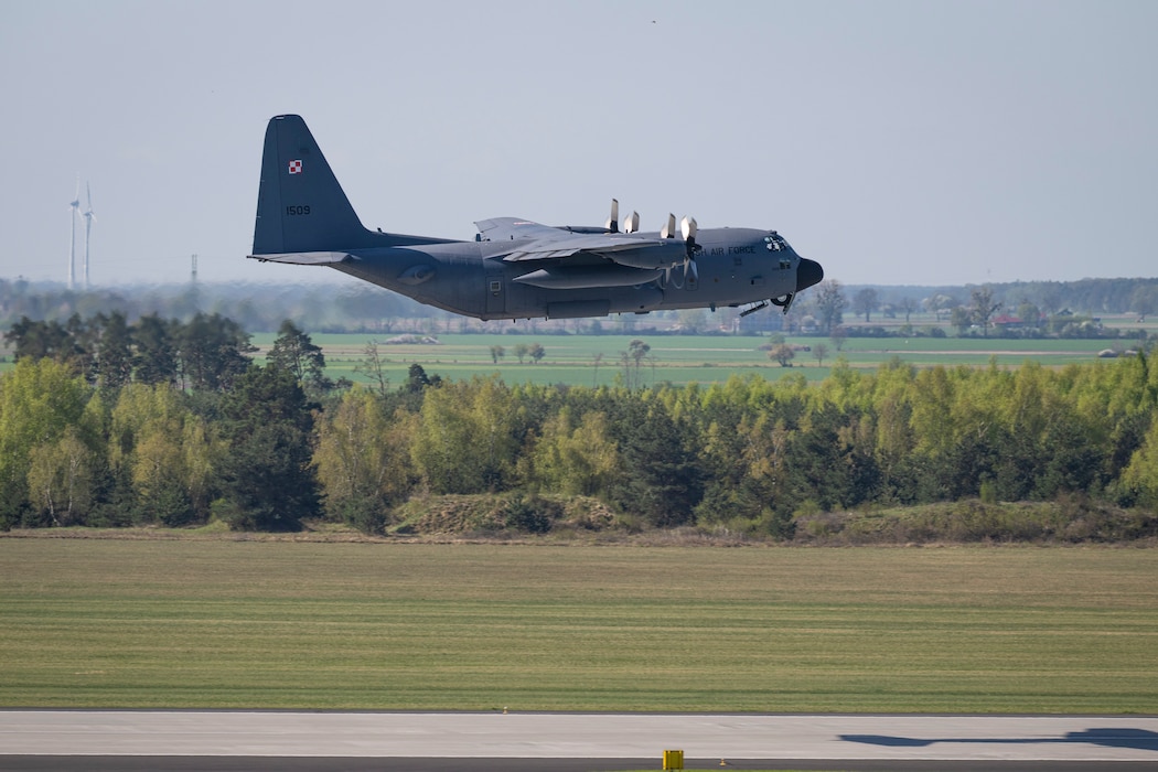 A Polish C-130H Hercules aircraft takes off during Rodeo Day in support of Hussar Saber 26-1.