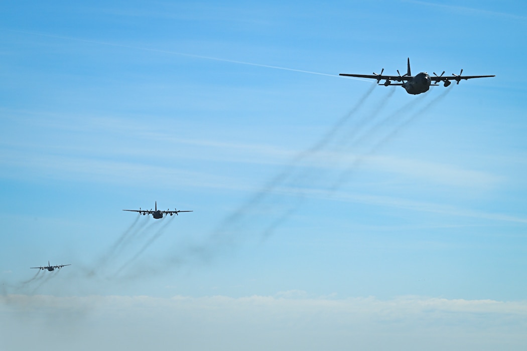 Three C-130H Hercules aircraft assigned to the 139th Airlift Wing and the Polish air force fly over the skies of Poland during Rodeo Day in support of Hussar Saber 26-1.