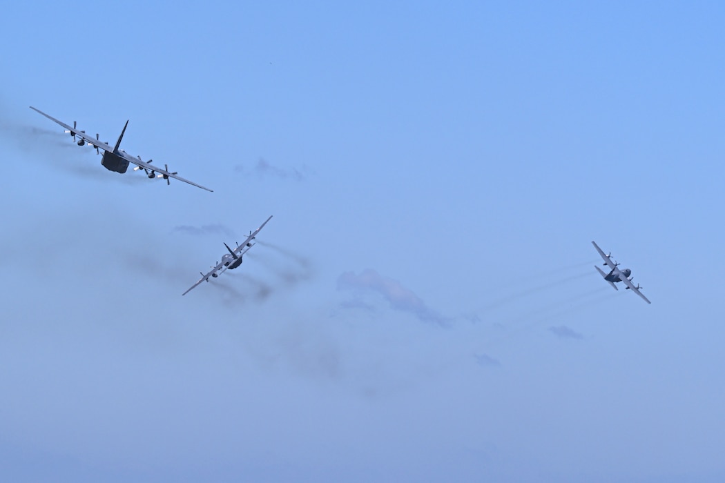 Three C-130H Hercules aircraft assigned to the 139th Airlift Wing and Polish air force fly over the skies of Poland during Rodeo Day in support of Hussar Saber 26-1.