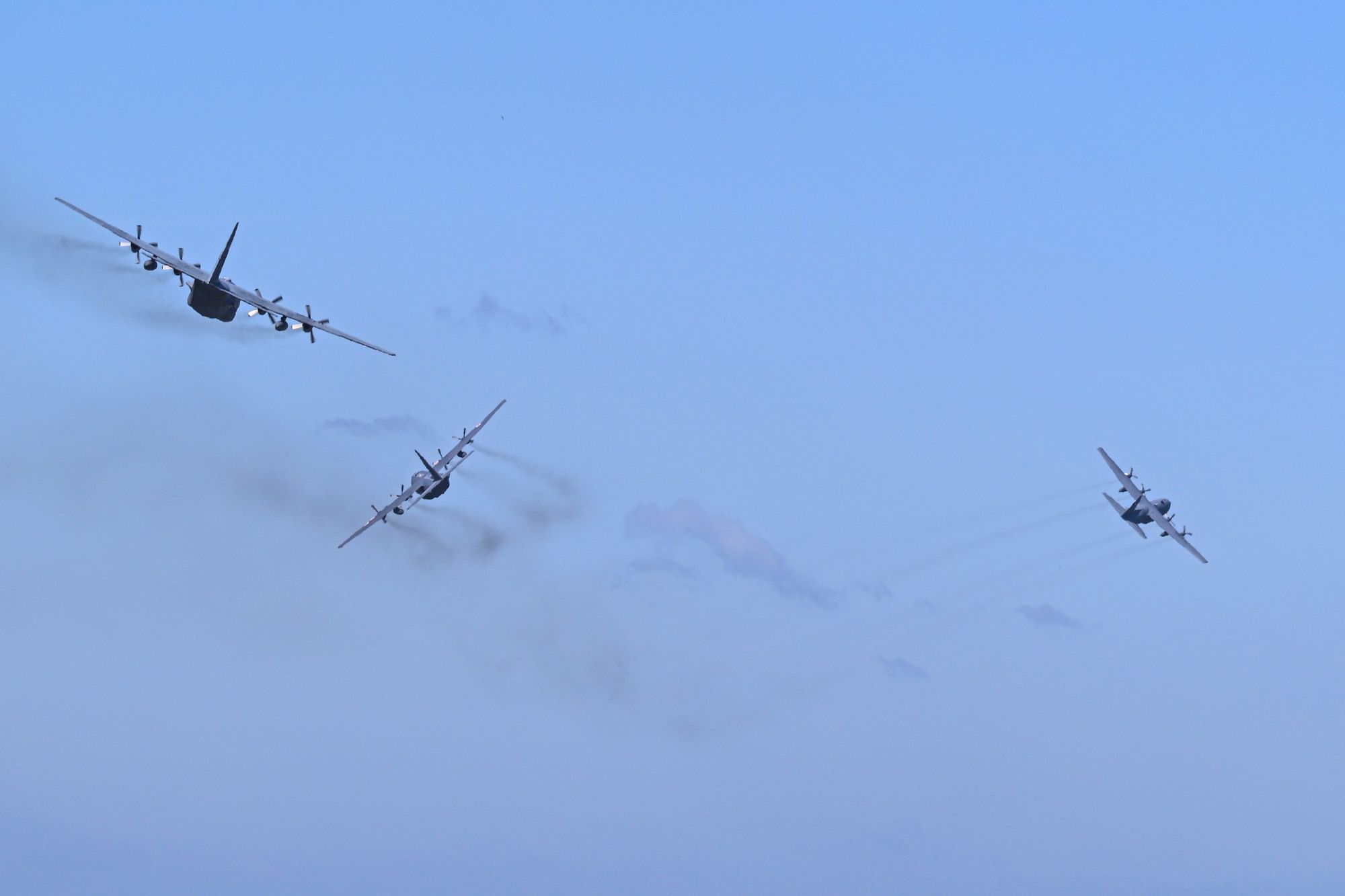 Three C-130H Hercules aircraft assigned to the 139th Airlift Wing and Polish air force fly over the skies of Poland during Rodeo Day in support of Hussar Saber 26-1.