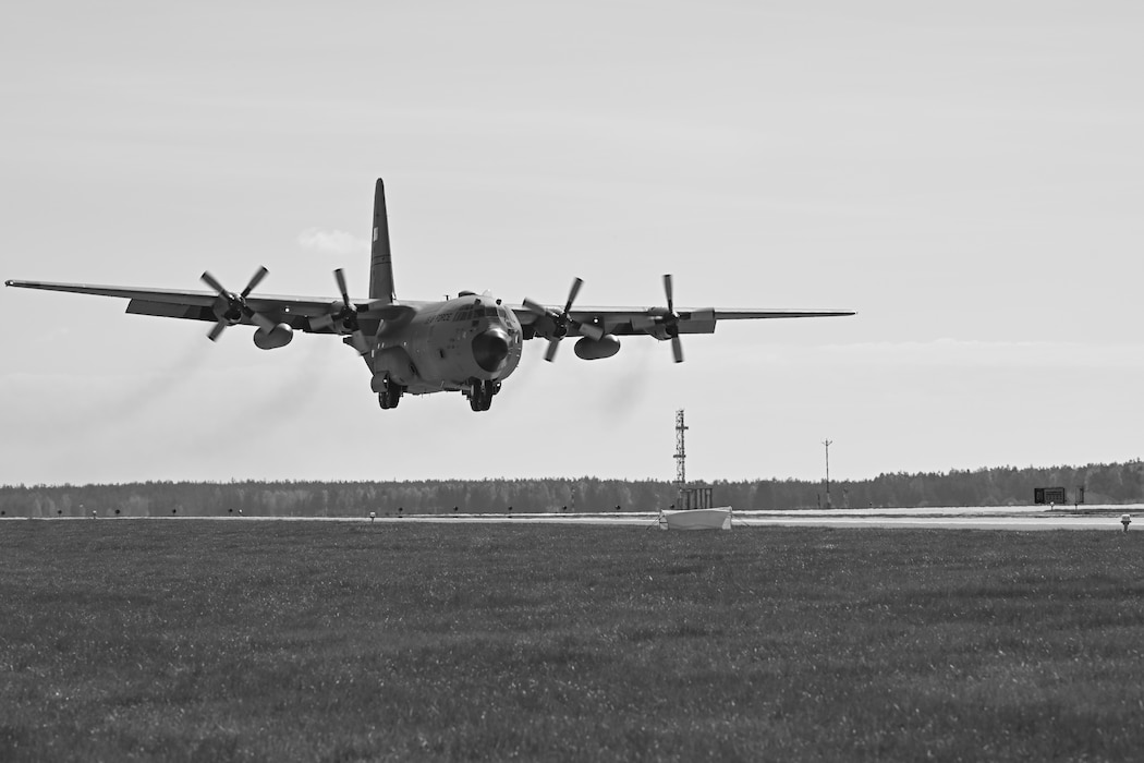 A C-130H Hercules aircraft assigned to the 139th Airlift Wing lands on the flight line during Rodeo Day in support of Hussar Saber 26-1.