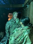 Chief Warrant Officer 2 Jack Androski, Fire Effects Cell chief, 81st Mobile Brigade Combat Team, gets camouflage face paint applied during Exercise Courage Lethality 2026 at Joint Base Lewis-McChord, Washington, April 9, 2026. Courtesy photo.