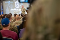 Chief Master Sergeant of the Air Force David R. Wolfe addresses Airmen at Joint Base Anacostia-Bolling, Washington, D.C., on May 6, 2026. The call provided Airmen an opportunity to directly engage with the top enlisted leader in the Air Force, ask questions, and gain insight on the direction of the force. (U.S. Air Force photo by Senior Airman Shanel Toussaint)