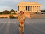 U.S. Army Sgt. Lionel Duplessis with the Mississippi National Guard assigned to the D.C. Safe and Beautiful mission poses for a photo while conducting patrol around the Jefferson Memorial in Washington March 25, 2026. About 2,500 National Guard members support the D.C. Safe and Beautiful mission, providing critical assistance to the Metropolitan Police Department and community partners to enhance safety and quality of life throughout the District. Photo by Sgt. Christian Brown.