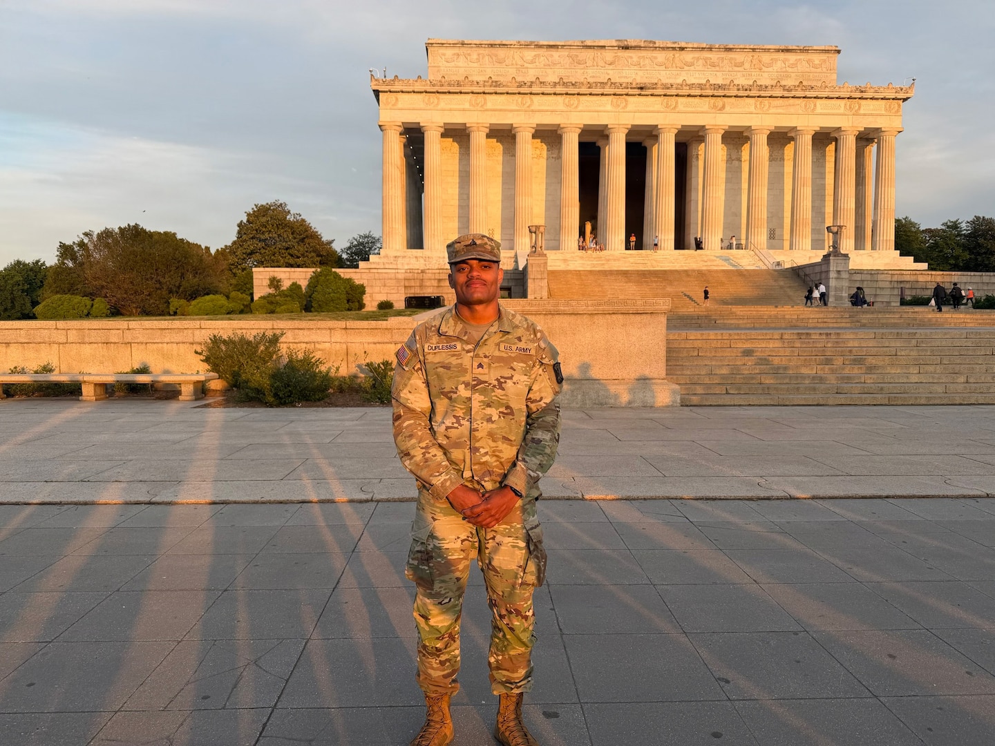 U.S. Army Sgt. Lionel Duplessis with the Mississippi National Guard assigned to the D.C. Safe and Beautiful mission poses for a photo while conducting patrol around the Jefferson Memorial in Washington March 25, 2026.