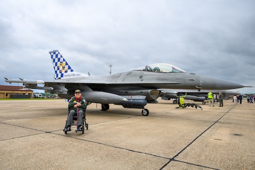 An eagle sits in front of an F-16