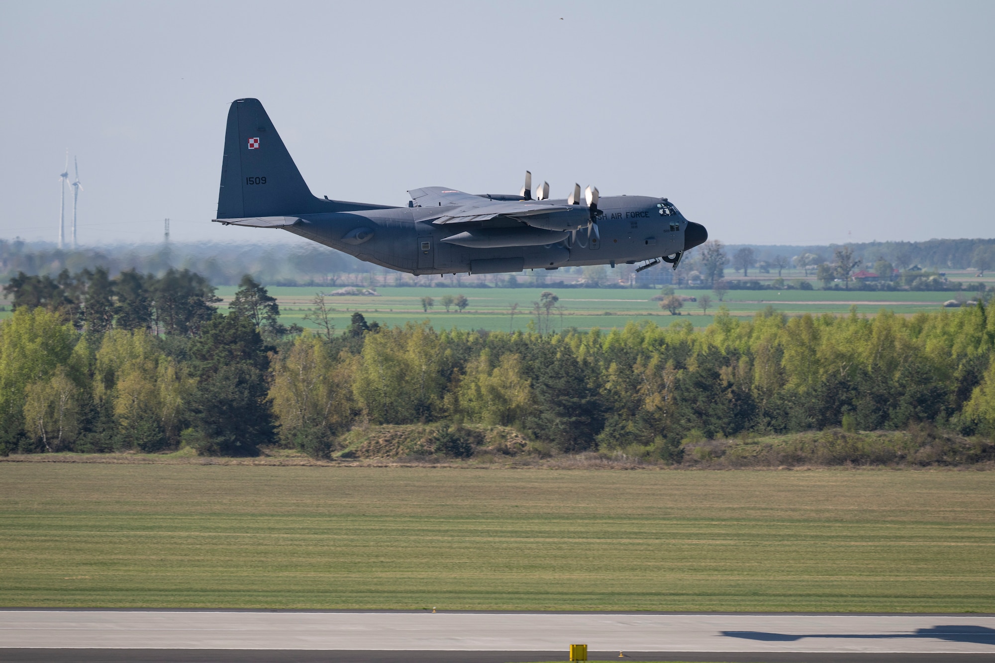 A Polish C-130H Hercules aircraft takes off during Rodeo Day in support of Hussar Saber 26-1.
