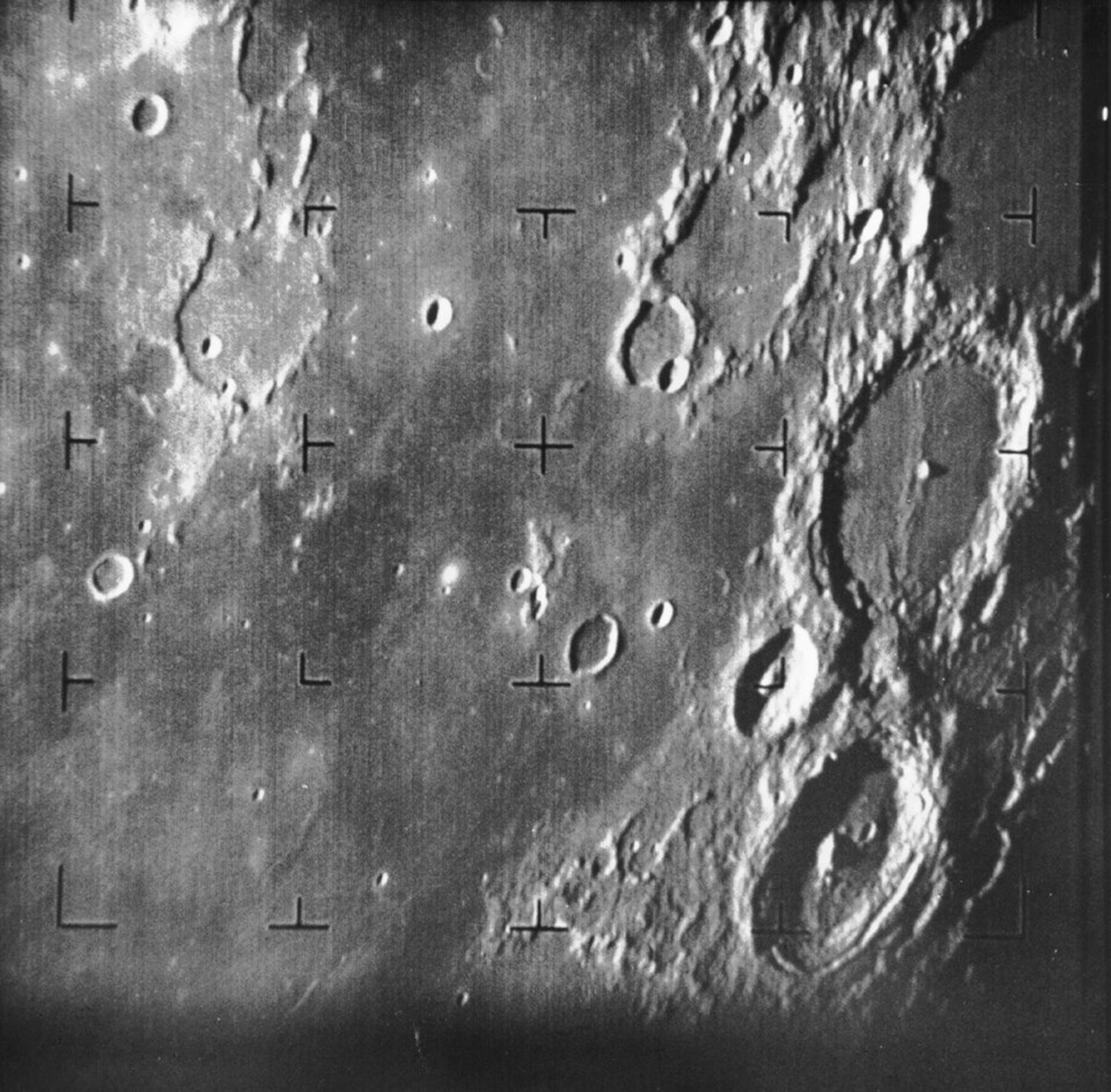 Ranger 7, 17 minutes before impact. The larger crater center on the right is Alphonsus. July 31, 1964. (Source: NASA/JPL)
