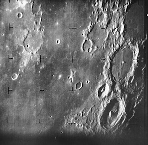 Ranger 7, 17 minutes before impact. The larger crater center on the right is Alphonsus. July 31, 1964. (Source: NASA/JPL)