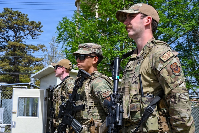 U.S. Air Force Airmen assigned to the 31st Combat Air Base Squadron maintain security at an entry control point during exercise Freedom Flag 26-1 at Gwangju Air Base, Republic of Korea, April 21, 2026. Throughout the exercise, 31st CABS demonstrated its ability to provide critical sustainment, including food, medical, fuel, and security services, at a main operating base and during dispersed operations. (U.S. Air Force photo by Senior Airman Ty Pilgrim)