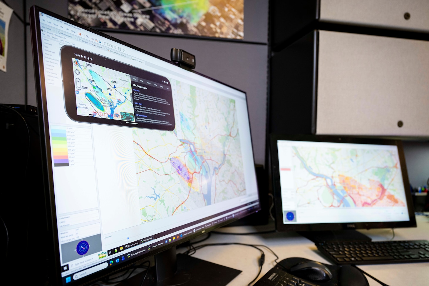 The U.S. Naval Research Laboratory’s (NRL) Contaminant Transport (CT) Analyst system runs an Android Tactical Awareness Kit (ATAK) plugin in Washington, D.C., April 24, 2026. CT-Analyst is an NRL developed tool that models airborne hazards in real time while the ATAK plugin enables the development of new features and eases deployment. (U.S. Navy photo by Sarah Peterson)