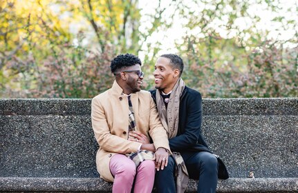 U.S. Air Force Master Sgt. Kymon G. Carriker, left, development advisor with the 11th Force Support Squadron and 811th Force Support Squadron, smiles with his late husband, Marcus Carriker, right, in 2021. The couple married in 2020 and Marcus passed away from leukemia Feb. 24, 2024. (courtesy photo)