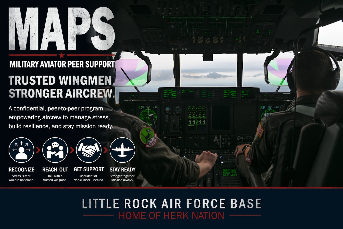 A graphic depicts two pilots in the cockpit of a C-130J. There is text that outlines the Military Aviator Peer Support Program.