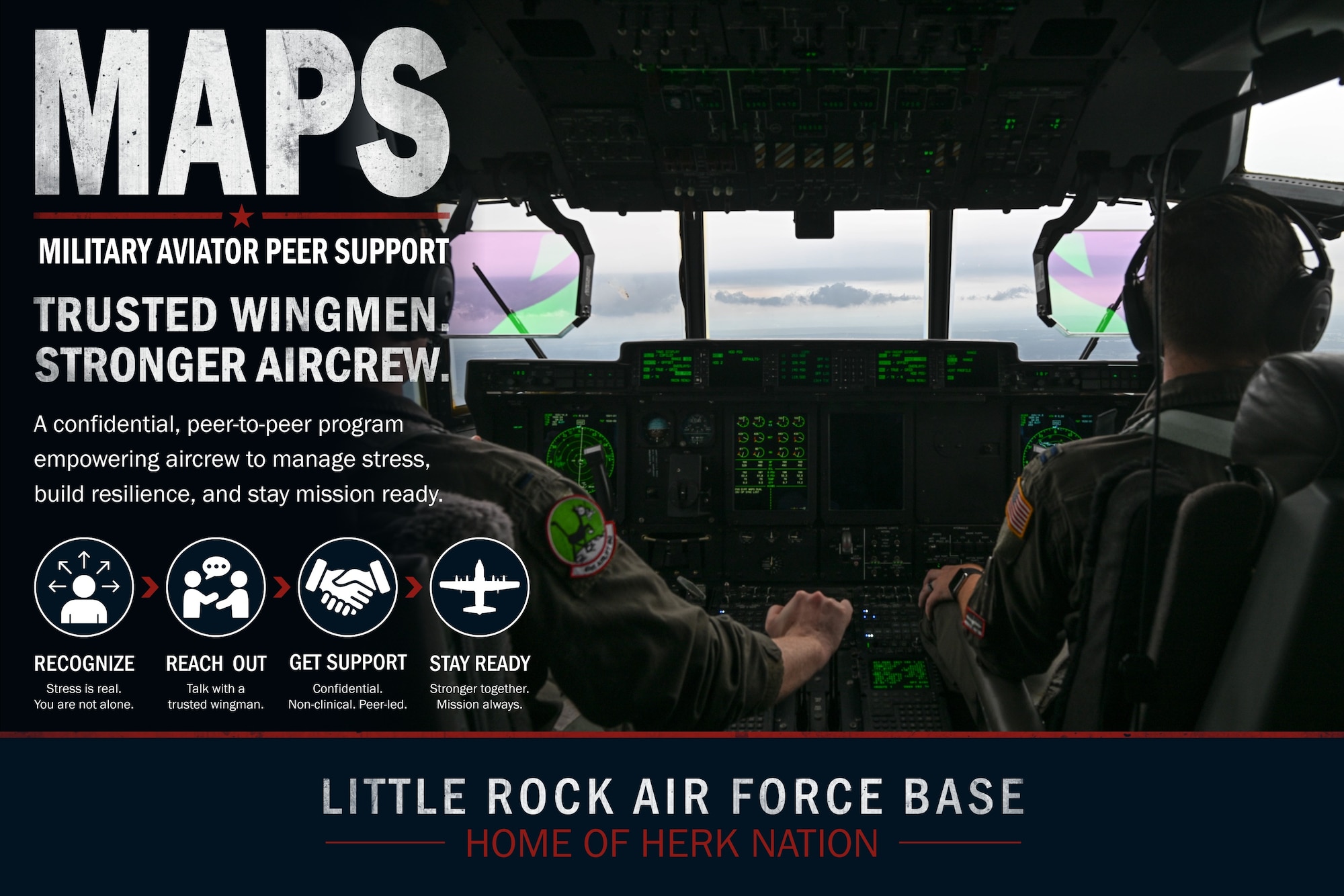 A graphic depicts two pilots in the cockpit of a C-130J. There is text that outlines the Military Aviator Peer Support Program.