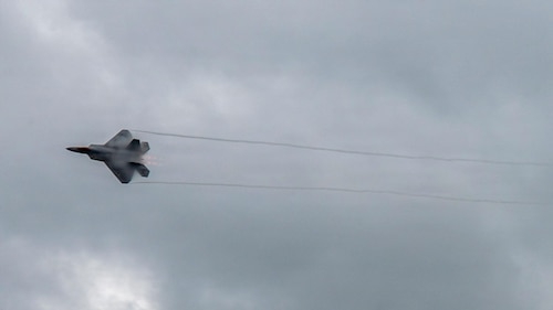 The F-22 Demonstration Team performs during a demonstration for Gathering of Eagles and National Security Forum participants at Maxwell Air Force Base, Alabama, May 6, 2026.