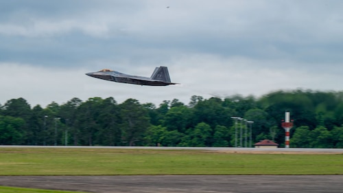The F-22 Demonstration Team performs during a demonstration for Gathering of Eagles and National Security Forum participants at Maxwell Air Force Base, Alabama, May 6, 2026.