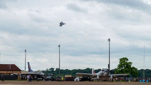 Gathering of Eagles and National Security Forum attendees watch the F-22 Demonstration Team perform during a demonstration at Maxwell Air Force Base, Alabama, May 6, 2026.