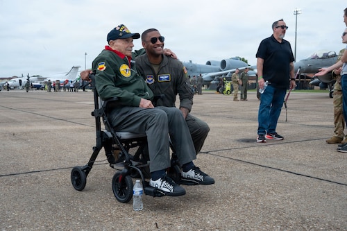 Retired Col. Joseph Peterburs takes a picture with U.S. Air Force Maj. Frag Jones, Air Command and Staff student, during the Gathering of Eagles event at Maxwell Air Force Base, Alabama, May 6, 2026.