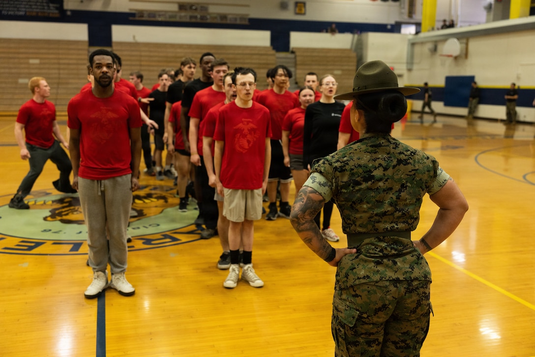 The annual pool function is an opportunity for future Marines to build camaraderie, strengthen their commitment to the Marine Corps, and prepare for recruit training by competing in athletic competitions and receiving military related periods of instruction.