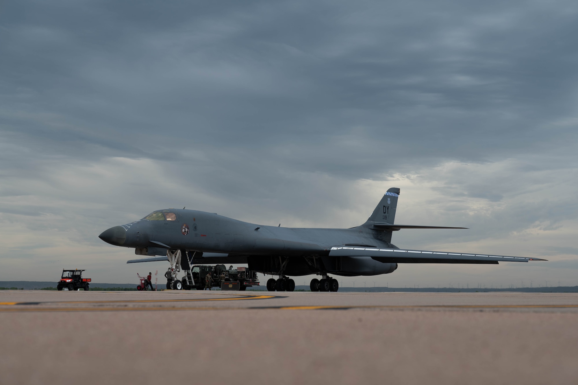 A U.S. Air Force B-1B Lancer assigned to the 7th Bomb Wing sits on the flightline prior to takeoff at Dyess Air Force Base, Texas, May 5, 2026. The flight provided Maj. Gen. Ty Neuman, Eighth Air Force and Joint-Global Strike Operations Center commander, valuable hands-on insight into the lethality and rapid global strike readiness of the 7th Bomb Wing. (U.S. Air Force photo by Airman 1st Class William Neal)