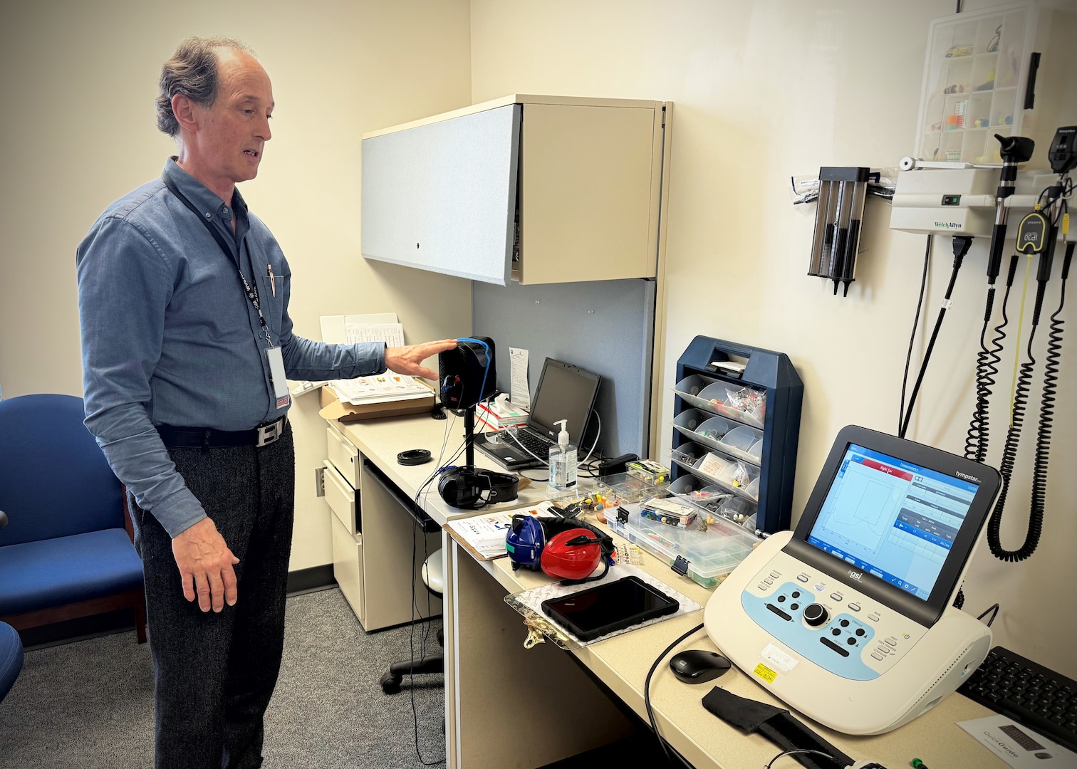 Dr. Jeffrey Russell, occupational audiologist with Naval Medical Center Camp Lejeune, discusses various hearing testing equipment at the Naval Medical Center Camp Lejeune Occupational Audiology Department. Russell is the 2025 Senior Audiologist of the Year for the Department of War.