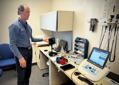 Dr. Jeffrey Russell, occupational audiologist with Naval Medical Center Camp Lejeune, discusses various hearing testing equipment at the Naval Medical Center Camp Lejeune Occupational Audiology Department. Russell is the 2025 Senior Audiologist of the Year for the Department of War.