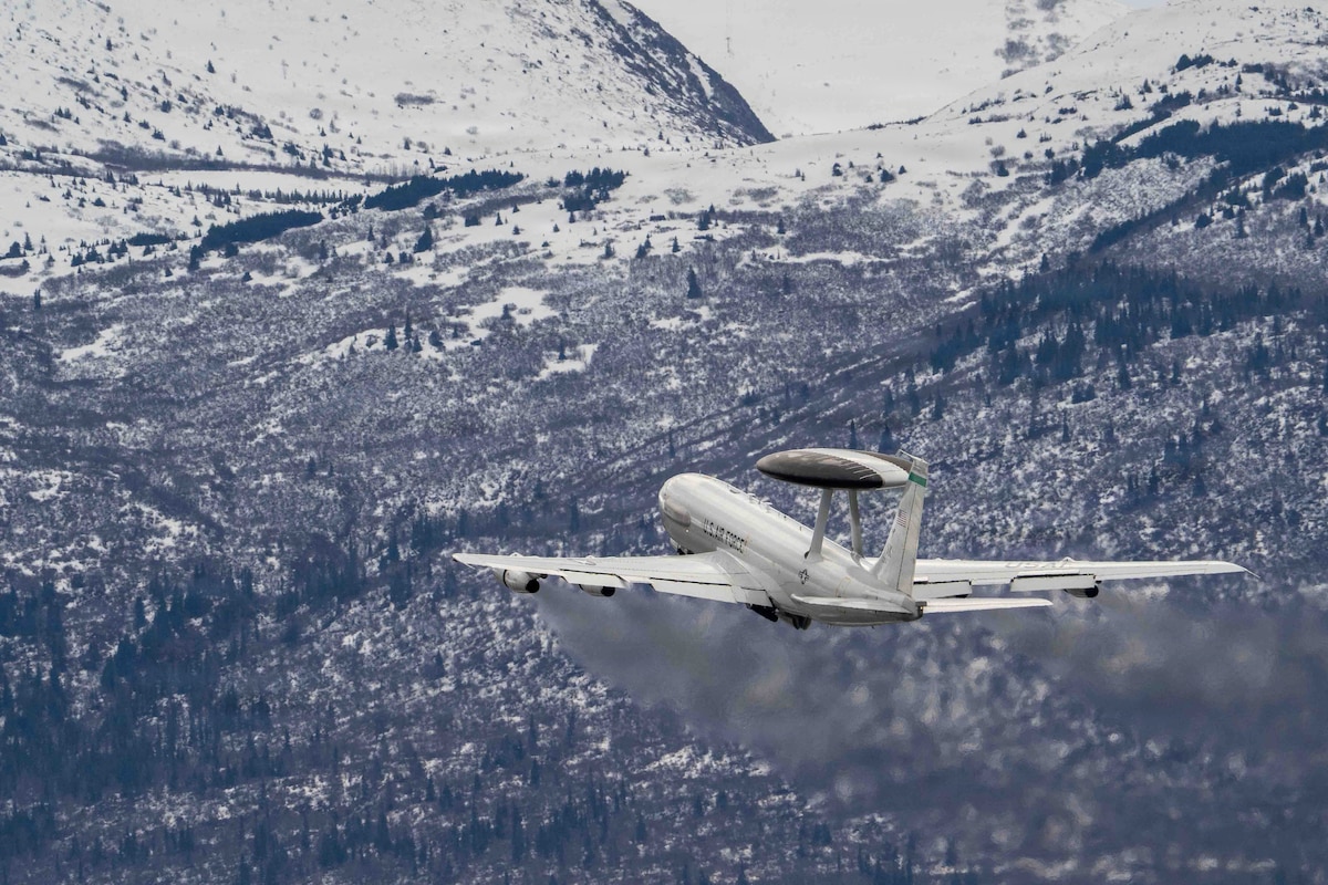 An E-3 Sentry assigned to the 962nd Airborne Air Control Squadron takes off during exercise Red Flag Alaska 26-1 at Joint Base Elmendorf-Richardson, Alaska, April 23, 2026. The aircraft extends radar coverage and provides airborne command and control. (U.S. Air Force photo by Senior Airman Johnny Diaz)