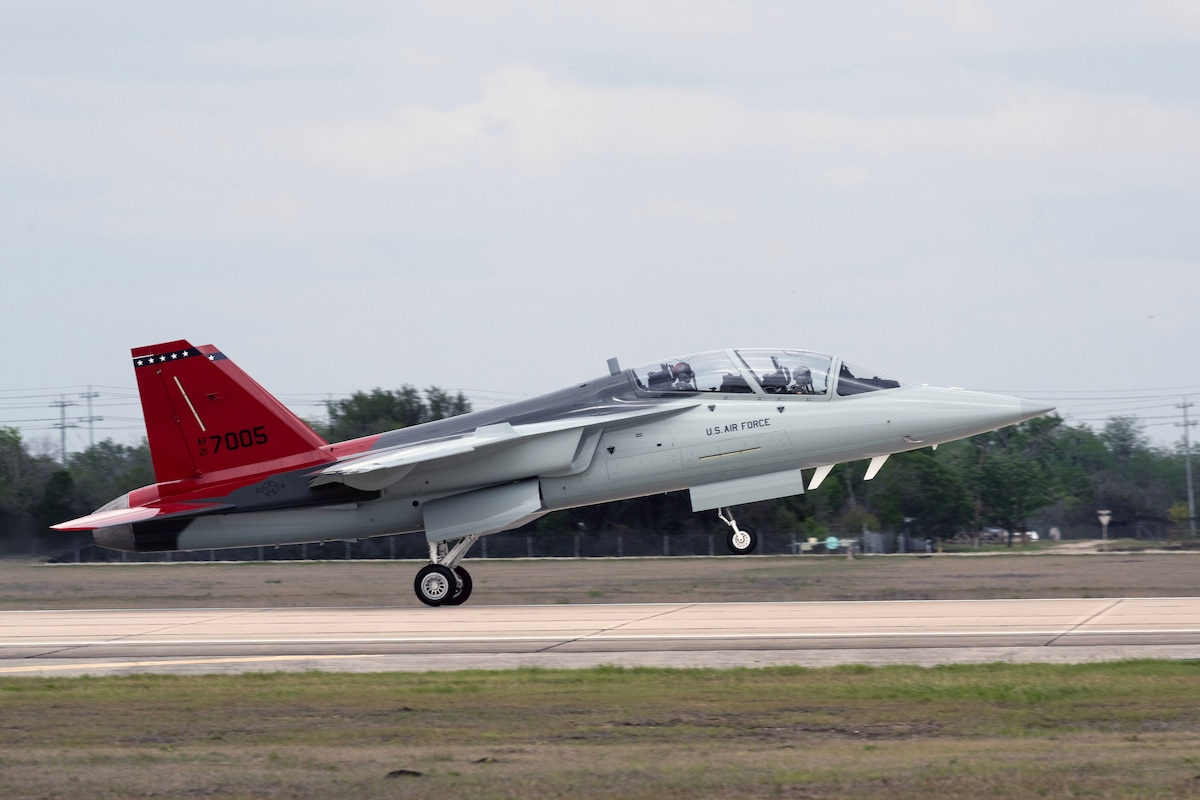 A T-7A Red Hawk lands after flight at Joint Base San Antonio-Randolph, Texas, April 23, 2026. The T-7A is set to replace the aging T-38 Talon and advance pilot training capabilities. (U.S. Air Force photo by Sean Worrell)