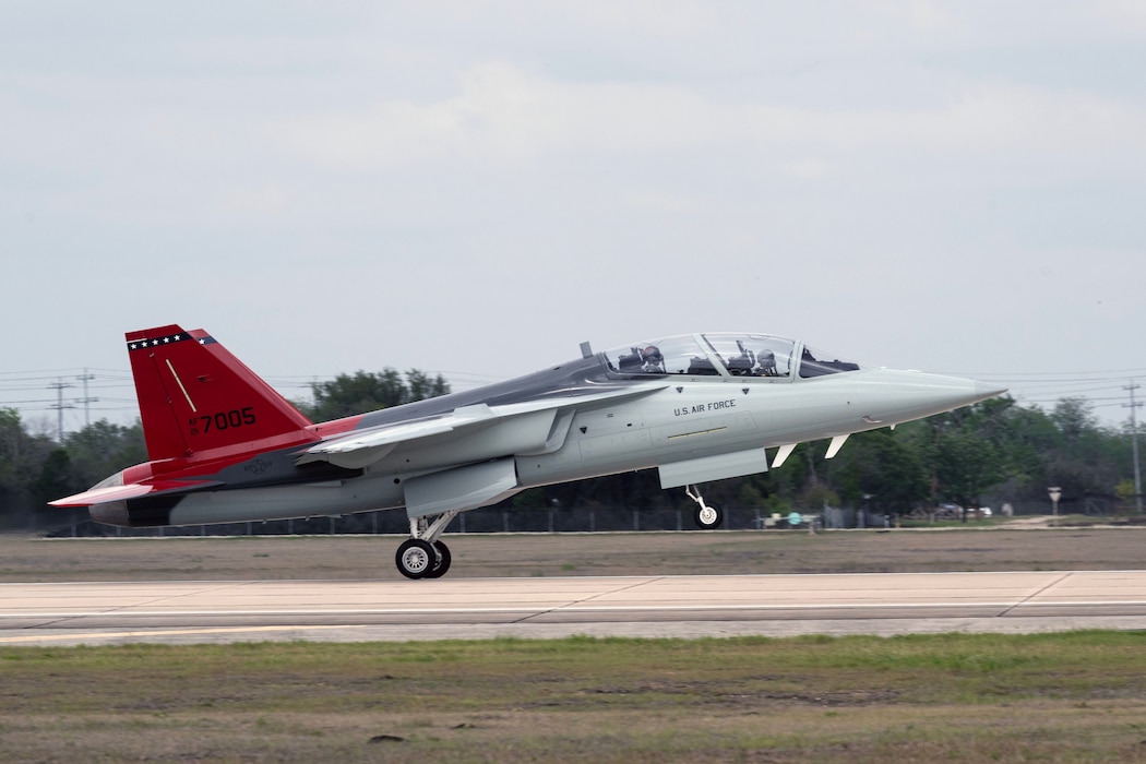 A T-7A Red Hawk lands after flight at Joint Base San Antonio-Randolph, Texas