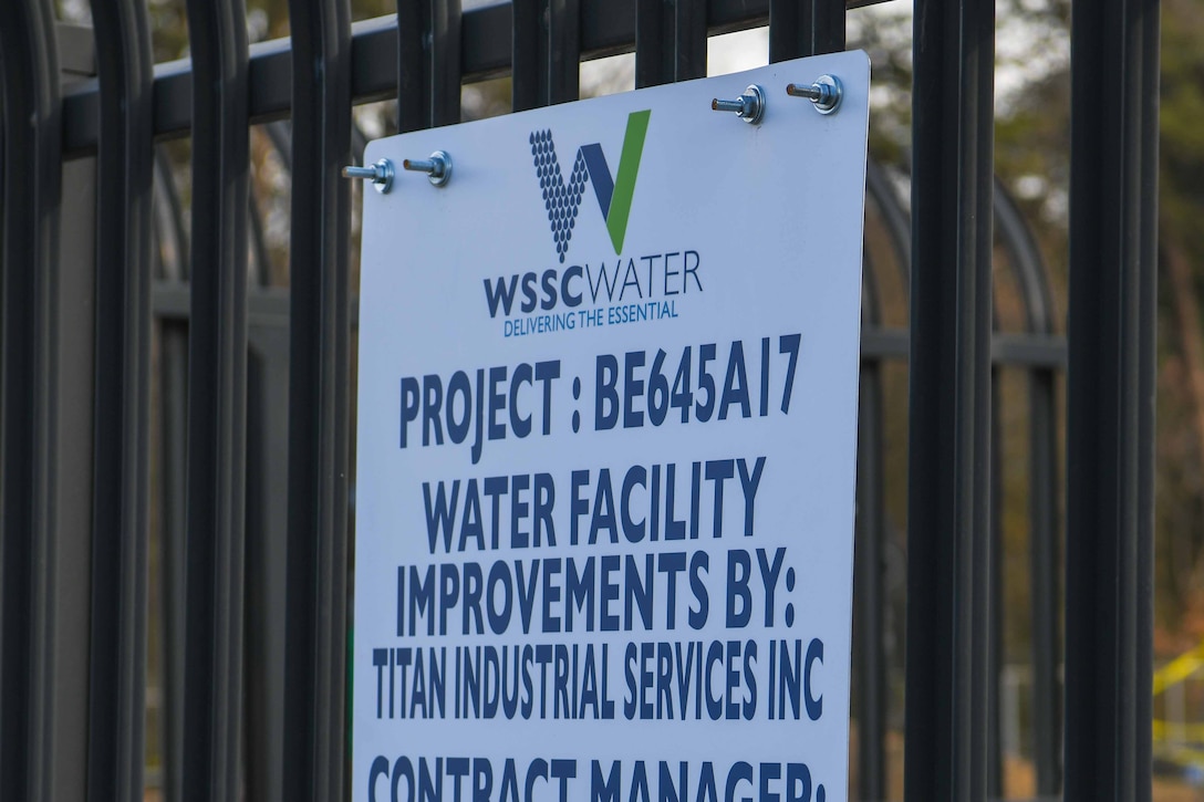 A sign indicates the ongoing renovations made to a Prince George’s County water tower.
