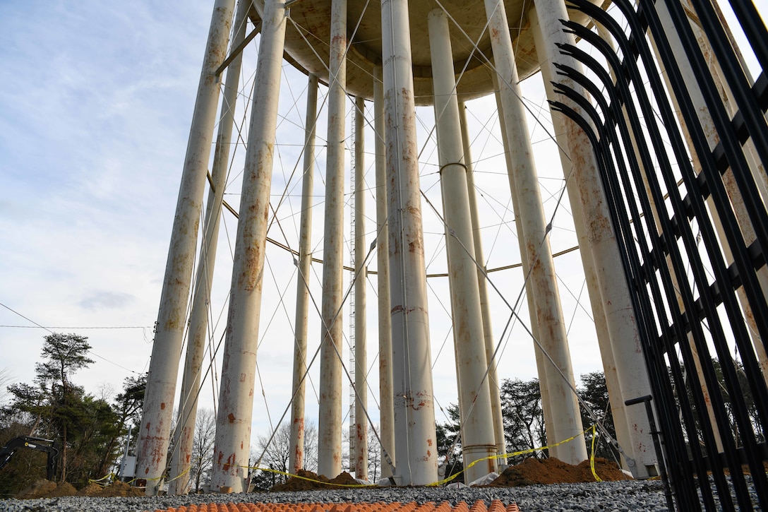 A Prince George’s County water tower undergoes renovations.