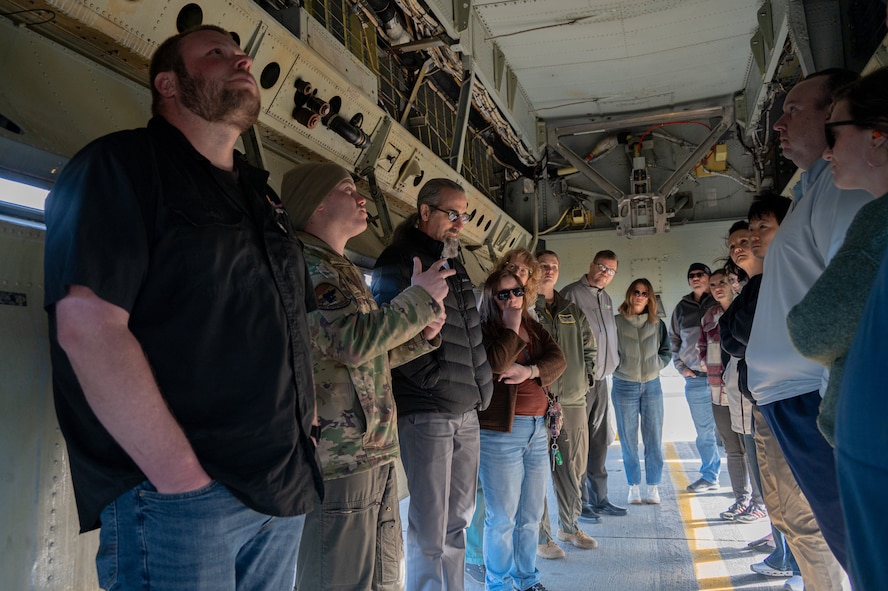 Community Leadership Institute (CLI) members get a look at a B-52H Stratofortress bomb bay at Minot Air Force Base, North Dakota, April 30, 2026. The CLI members had the opportunity to tour Minot Air Force Base and gain insights into the operations of the base. (U.S. Air Force photo by Airman Ben Selchow)