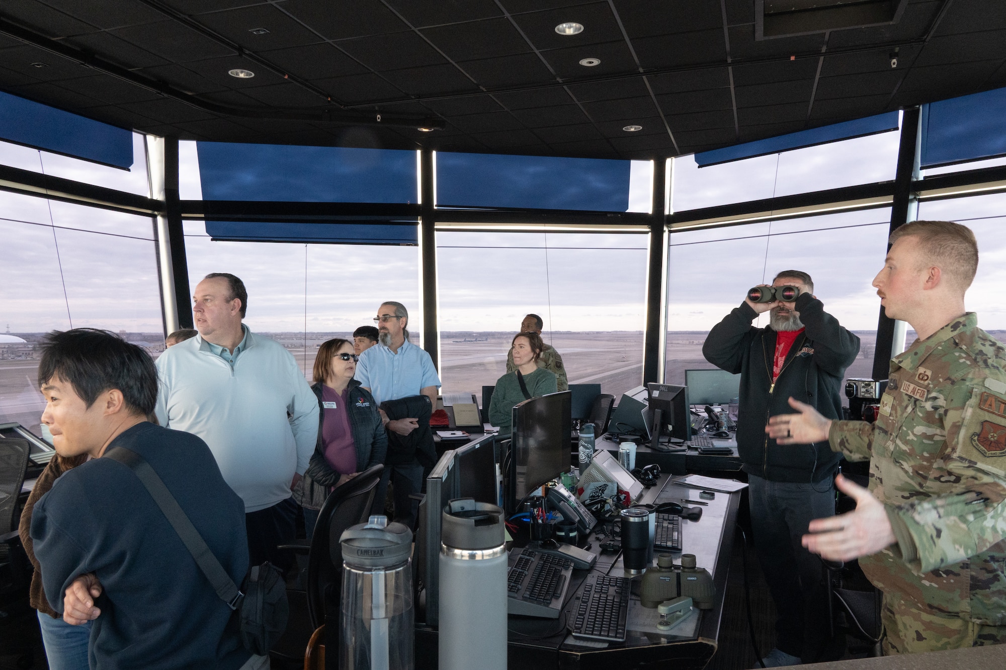 Members of the Community Leadership Institute (CLI) learn about air traffic control (ATC) tower operations at Minot Air Force Base, North Dakota, April 30, 2026. ATC is one of many different jobs the CLI members learned about on Minto AFB. (U.S. Air Force photo by Airman Ben Selchow)