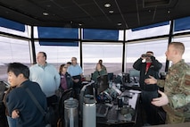 Members of the Community Leadership Institute (CLI) learn about air traffic control (ATC) tower operations at Minot Air Force Base, North Dakota, April 30, 2026. ATC is one of many different jobs the CLI members learned about on Minto AFB. (U.S. Air Force photo by Airman Ben Selchow)