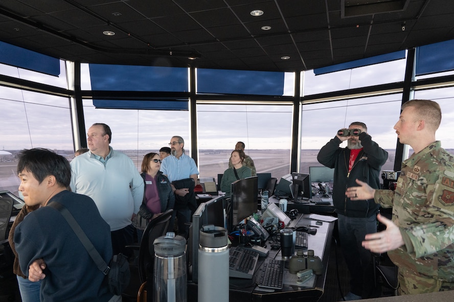 Members of the Community Leadership Institute (CLI) learn about air traffic control (ATC) tower operations at Minot Air Force Base, North Dakota, April 30, 2026. ATC is one of many different jobs the CLI members learned about on Minto AFB. (U.S. Air Force photo by Airman Ben Selchow)