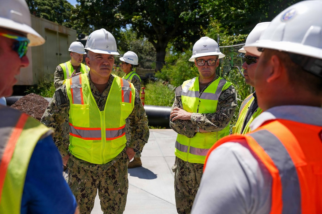 Rear Adm. Lester Ortiz, deputy commander, Navy Closure Task Force-Red Hill (NCTF-RH), speaks with members of NCTF-RH about the status of the Navy Aiea-Halawa Shaft (NAHS) in Honolulu, April 24, 2026. NCTF-RH, in close coordination with the Hawaii Department of Health, is working to reactivate the NAHS. Charged with the safe decommissioning of the Red Hill Bulk Fuel Storage Facility (RHBFSF), NCTF-RH was established by the Department of the Navy as a commitment to the community and the environment. The Navy continues to engage with the people of Hawaii, regulatory agencies, and other stakeholders as NCTF-RH works to safely and deliberately decommission the RHBFSF. (U.S. Navy photo by Mass Communication Specialist 1st Class Glenn Slaughter)