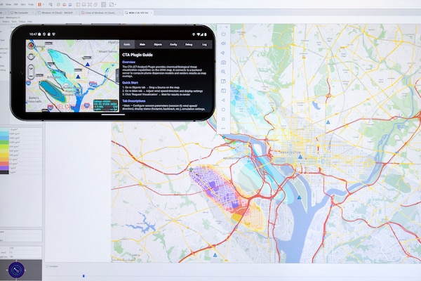 The U.S. Naval Research Laboratory’s (NRL) Contaminant Transport (CT) Analyst system runs an Android Tactical Awareness Kit (ATAK) plugin in Washington, D.C., April 24, 2026. CT-Analyst is an NRL developed tool that models airborne hazards in real time while the ATAK plugin enables the development of new features and eases deployment. (U.S. Navy photo by Sarah Peterson)