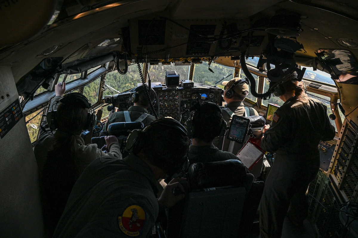 U.S. Air Force Airmen assigned to the 180th Airlift Squadron fly a C-130H Hercules aircraft assigned to the 139th Airlift Wing during Hussar Saber 26-1.