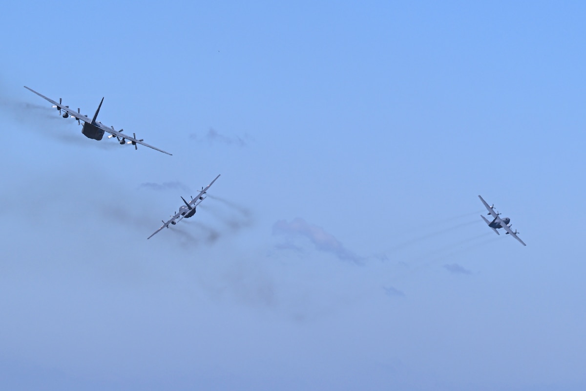 Three C-130H Hercules aircraft assigned to the 139th Airlift Wing and Polish air force fly over the skies of Poland during Rodeo Day in support of Hussar Saber 26-1.