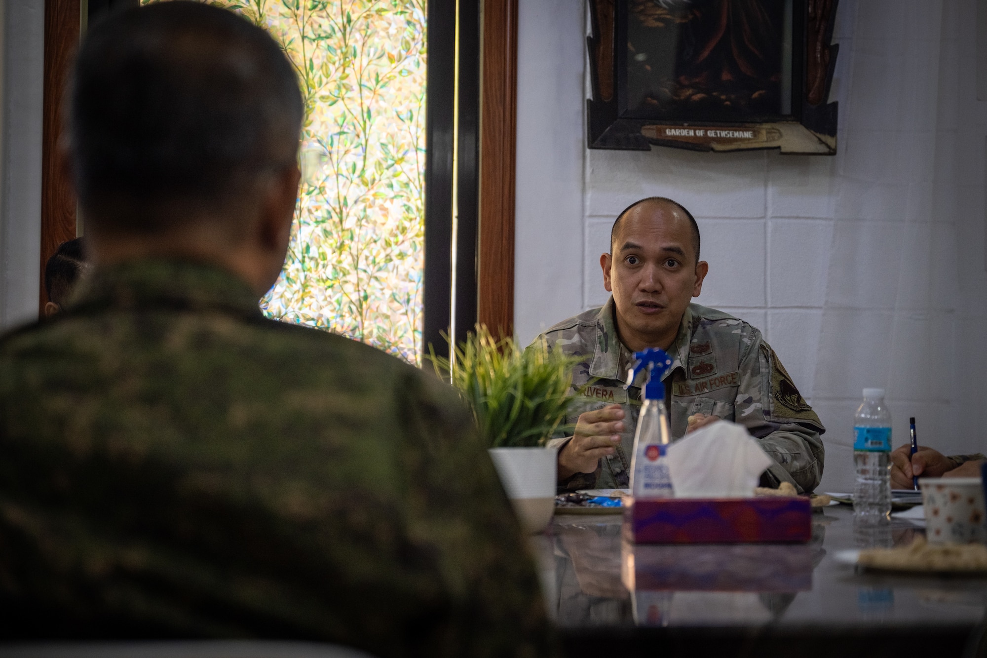 U.S. Air Force Maj. Karlo Rivera, 21st Air Expeditionary Wing logistics planning officer, speaks during a chaplain fellowship exchange at Clark Air Base, Philippines, April 22, 2026. The 21st AEW invests in sustained operations to support joint and allied partners. (U.S. Air Force photo by Airman 1st Class Adrien Tran)