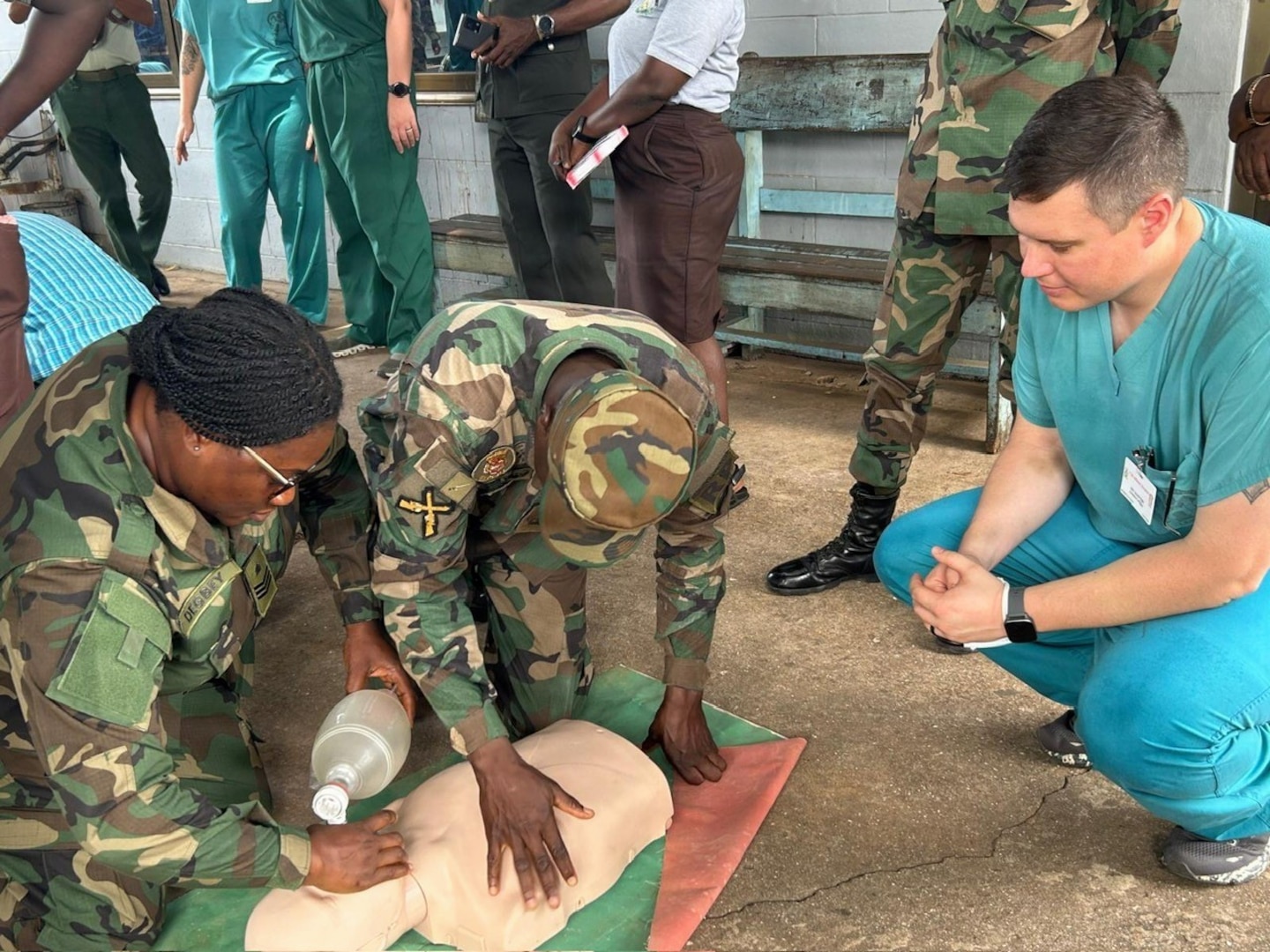 Cpt. Kyle Smith, Sergeant First Class Jacob Ogle and Master Sgt Tatiana combat medic, Landstuhl Regional Medical Center, enjoying a Ghana cultural day excursion around the countryside during the medical readiness exercises in Ghana. Through GHE  the program, U.S. medical personnel work alongside counterparts across Europe and Africa in collaborative exchanges designed to share knowledge and skills in both directions.