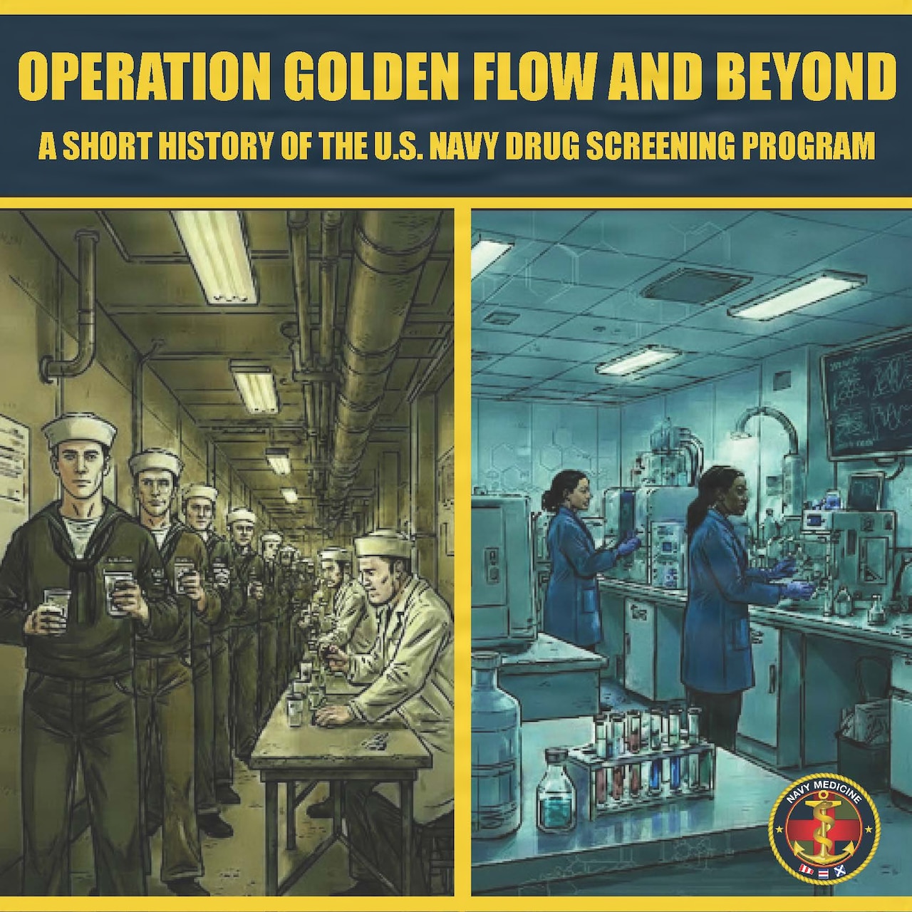 Photo illustration created to promote awareness of the Navy Drug Screening Laboratories (NDSLs) in Great Lakes, Illinois, and Jacksonville, Florida, that serve as sentries of operational readiness and ground zero for the urinalysis surveillance program. The NDSLs began in 1971 when the then Department of Defense adopted urinalysis as a deterrent against illicit drug activity. Artificial intelligence algorithms from GenAI were used to generate illustrations, and text and logo were added using layout designing software. The AI-generated elements were reviewed and edited by relevant U.S. Navy personnel to verify appropriateness and compliance with DOW policies and guidance. (U.S. Navy photo illustration by A.B. Sobocinski).
