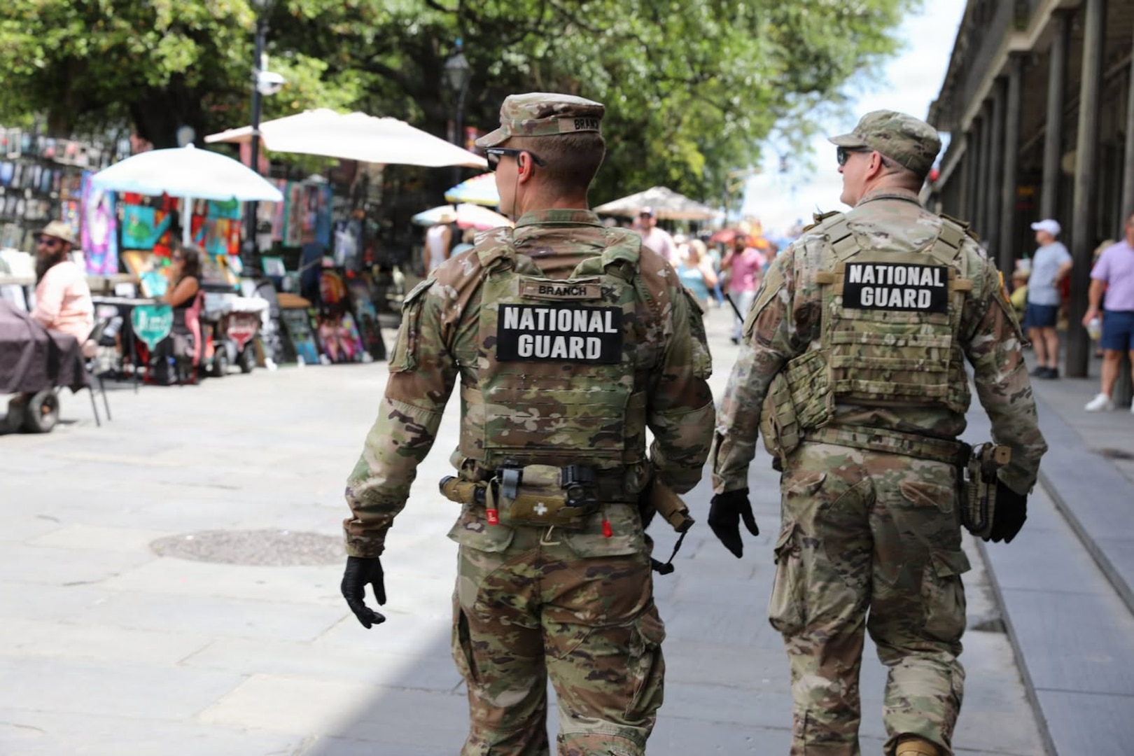 Louisiana National Guard Soldiers conduct a roving patrol as part of Task Force NOLA operations during French Quarter Fest. The Louisiana National Guard activated approximately 120 Soldiers under Task Force NOLA to support enhanced security operations in the French Quarter.