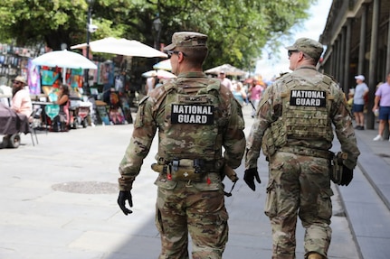 Louisiana National Guard Soldiers conduct a roving patrol as part of Task Force NOLA operations during French Quarter Fest. The Louisiana National Guard activated approximately 120 Soldiers under Task Force NOLA to support enhanced security operations in the French Quarter.