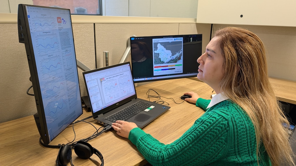 U.S. Army Corps of Engineers Buffalo District civil engineer Armaghan Abed-Elmdoust reviews water level data for Lake Ontario in Buffalo, New York, May 8, 2026.