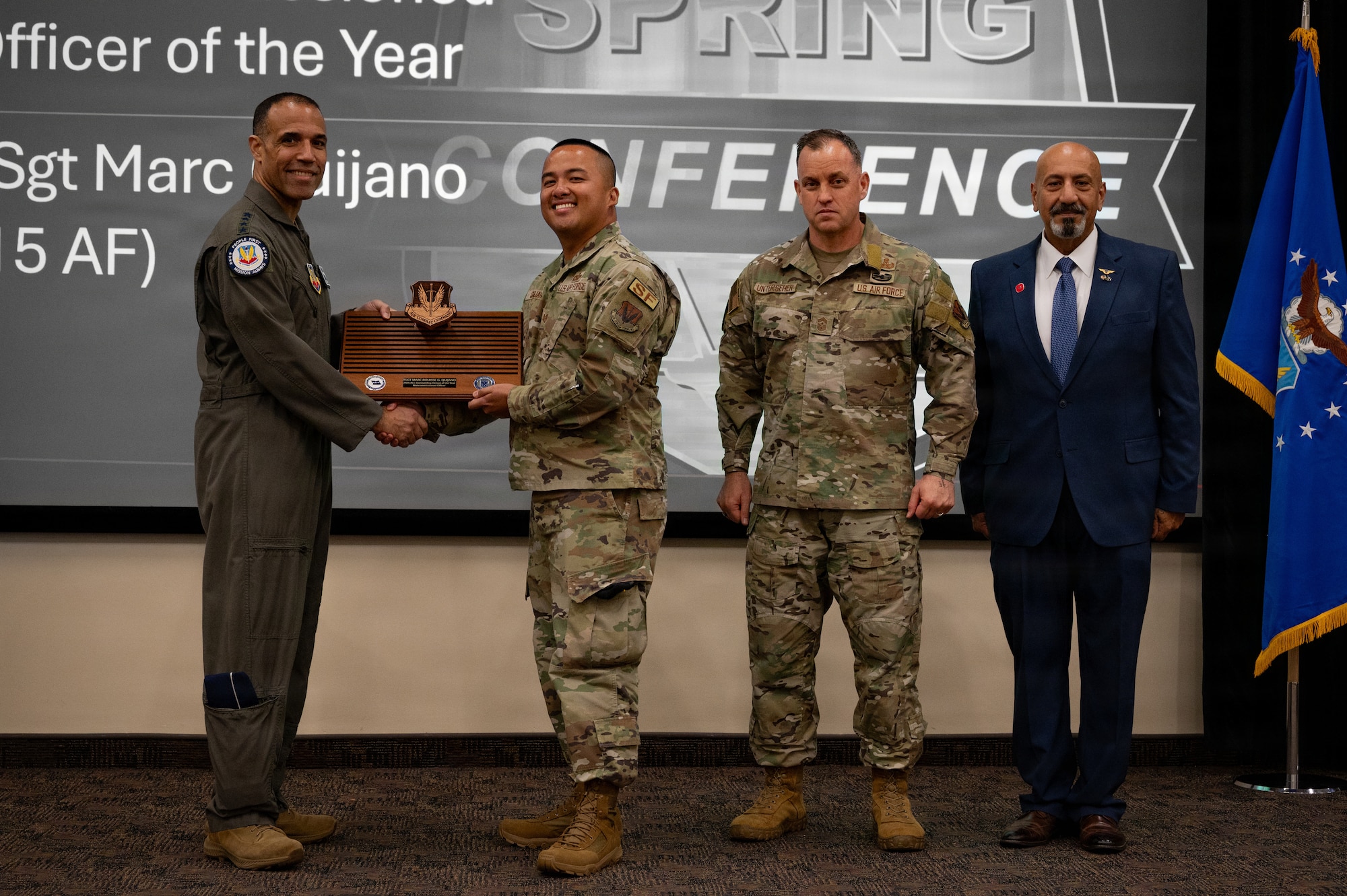 U.S. Air Force Tech. Sgt Marc Rouisse G. Quijano, 355th Security Forces Squadron, receives the Noncommissioned Officer of the year award during the 2026 Air Combat Command’s Outstanding Airmen of the Year Award ceremony at Joint Base Langley-Eustis, Virginia, May 6, 2026. Award winners were recognized by senior leaders from across the major command. (U.S. Air Force photo by Staff Sgt. Michael Bowman)
