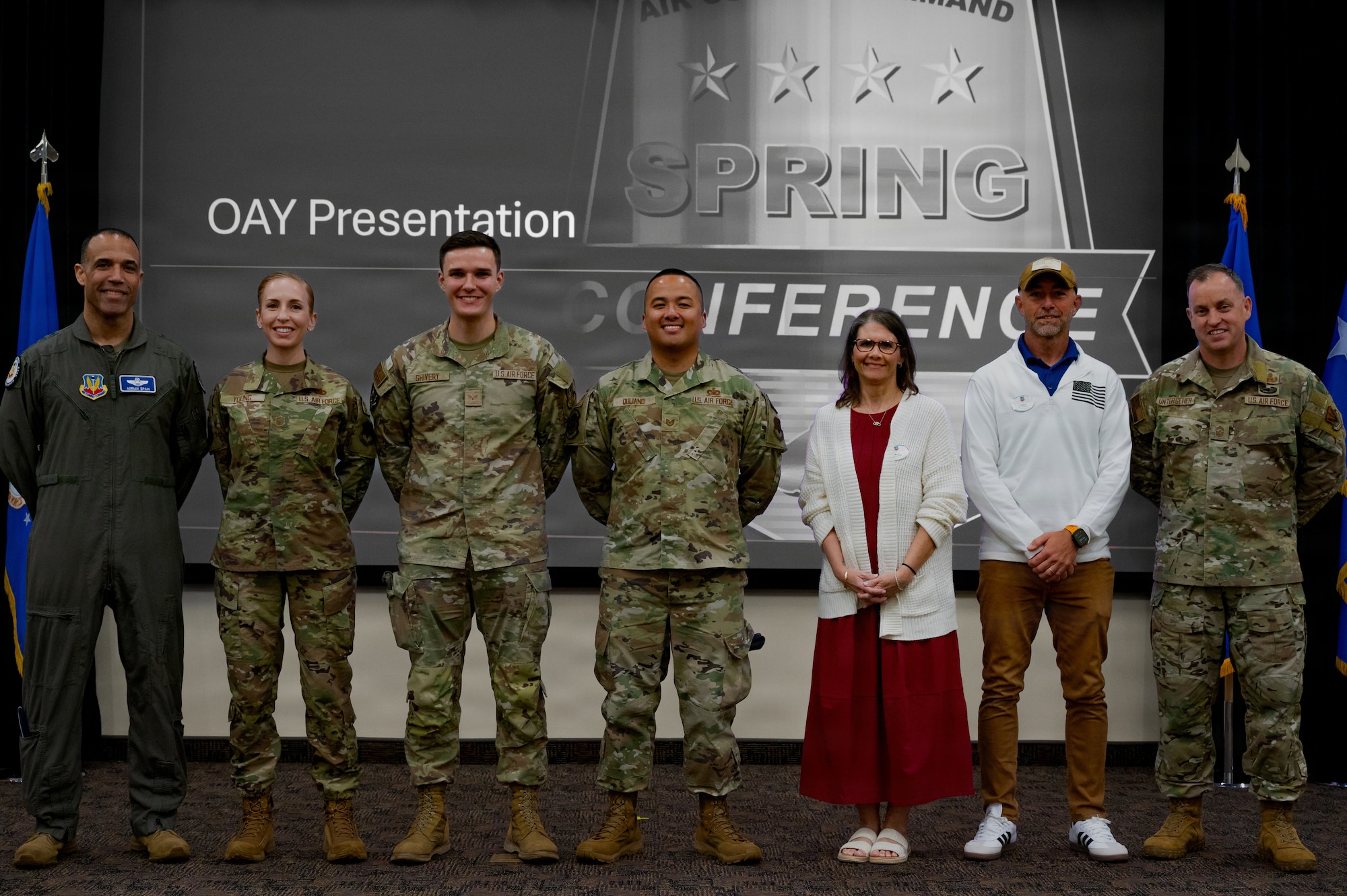 Award winners pose for a photograph during the 2026 Air Combat Command’s Outstanding Airmen of the Year Award ceremony.