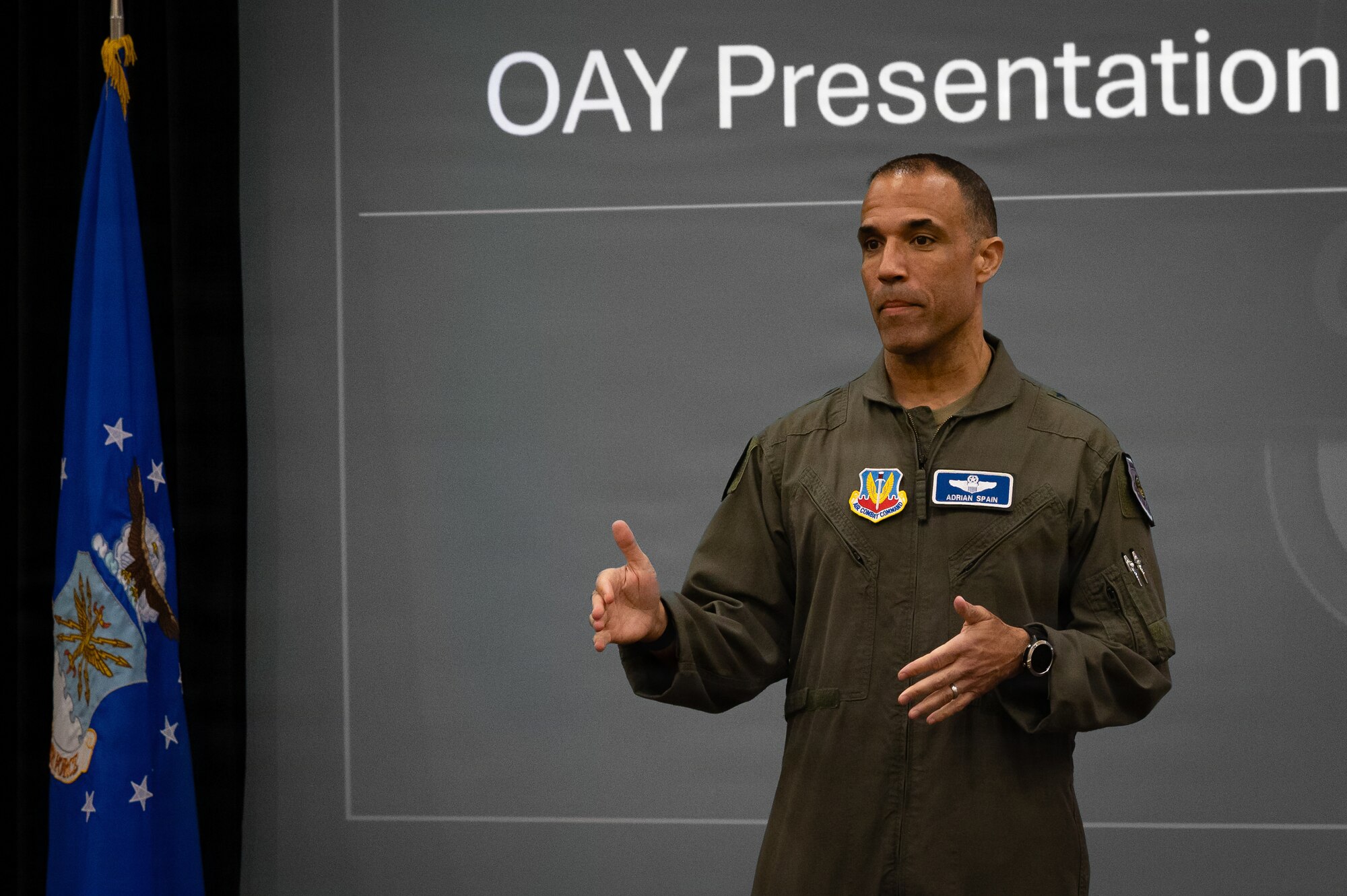 U.S. Air Force Gen. Adrian Spain, commander Air Combat Command, speaks during the 2026 Air Combat Command’s Outstanding Airmen of the Year Award ceremony at Joint Base Langley-Eustis, Virginia, May 6, 2026. Spain applauded the recipients and thanked them for the quality of their service throughout the command. (U.S. Air Force photo by Staff Sgt. Michael Bowman)