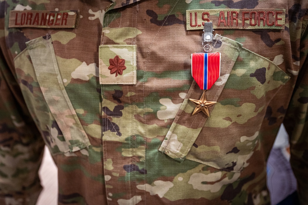 Maj. Joel Loranger, an operations officer with the 157th Air Refueling Wing, New Hampshire National Guard, is awarded the Bronze Star Medal at a recognition ceremony May 2, 2026 at Pease Air National Guard Base, New Hampshire.